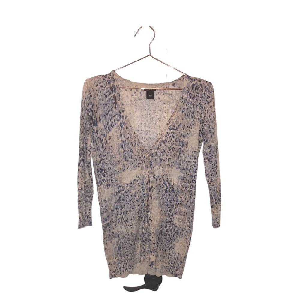 Ann Taylor Lightweight Blue Gray Animal Print Button Front Cardigan XS